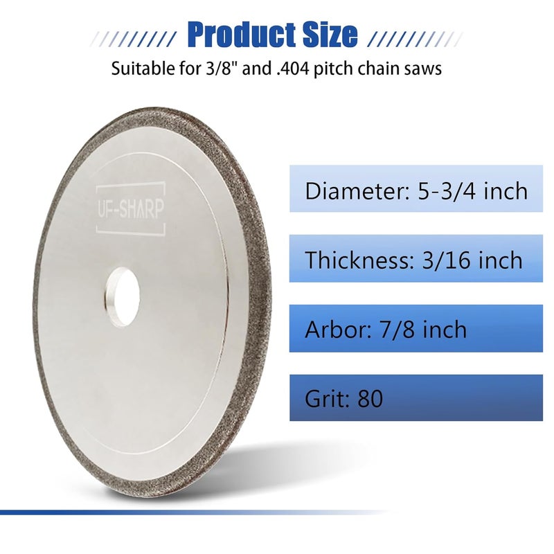 UF-SHARP CBN Chainsaw Grinding Wheel 5-3/4" Dia, 3/16" Thick, 7/8" Arbor for 3/8" and .404 Pitch Steel Chains (3/16 inch Thick) - Image 2